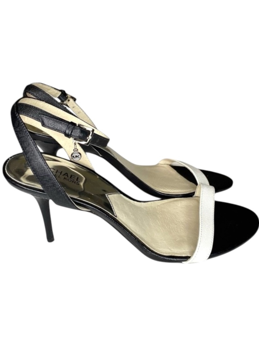 Michael Kors ᪥ Bridget Saffiano Leather Stiletto Ankle Strap Sandal ᪥ B+W ᪥ 10M - Picture 3 of 16